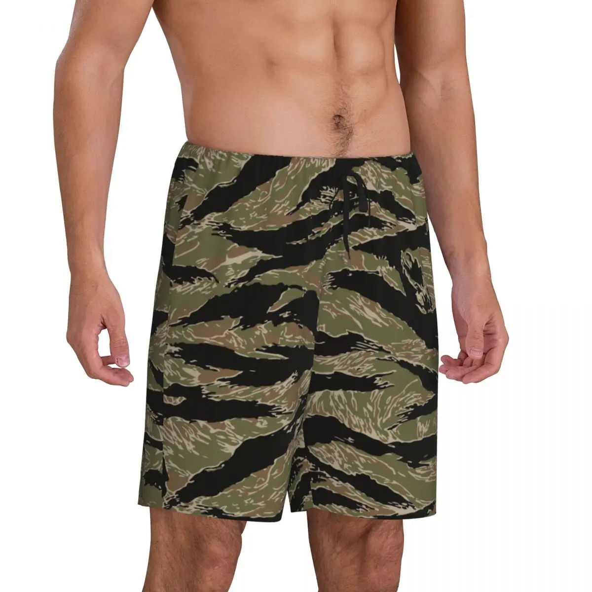 Custom Printed Men Tiger Stripe Camo Pajama Bottoms Tactical Camouflage Sleepwear Pjs Sleep Shorts with Pockets