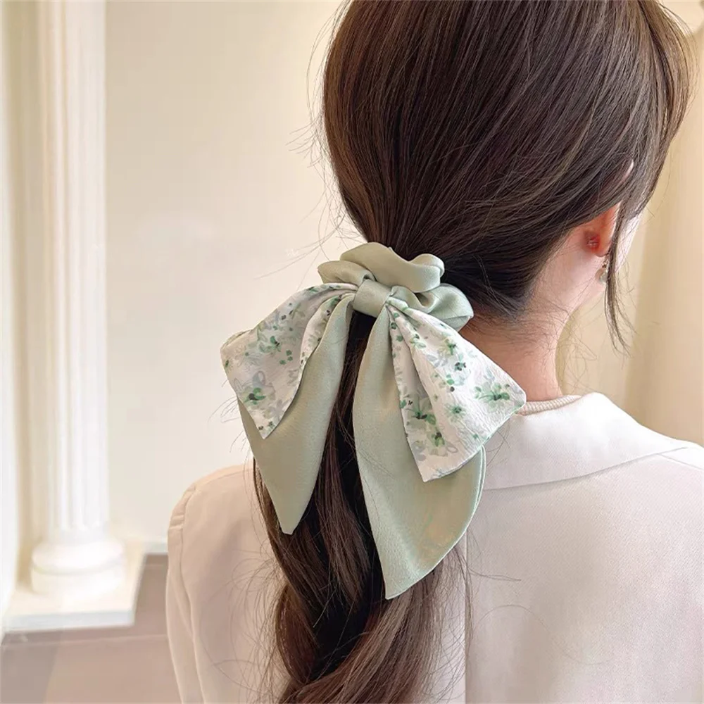 Fashion Floral Bowknot Scrunchies Long Ribbon Ponytail Scarf Hair Tie Women Girls Elastic Hair Bands Hair Accessories