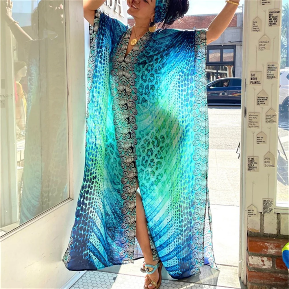 2022 New Boho Style Maxi Dress stampa costume da bagno Cover-Up abito bohemien Robe Plage Kaftan abito lungo Beach Wear tuniche