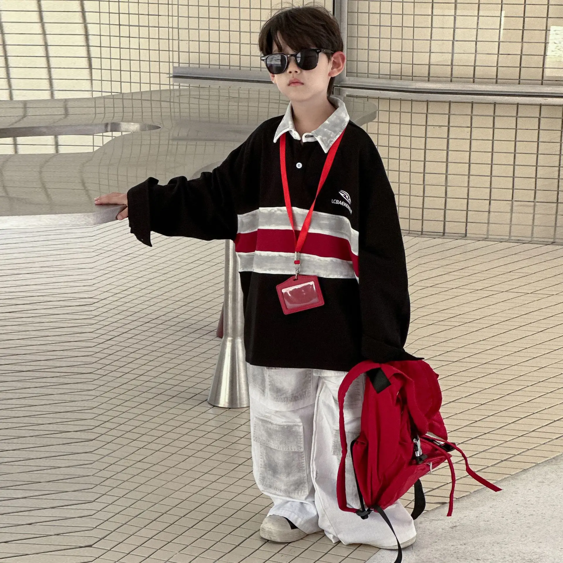 

Boys Splicing Striped Polo Shirt Sweater 2025 Autumn New American Retro Children's Top Spring and Autumn Children's Clothing