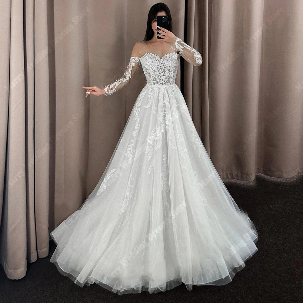 Elegant A-Line Wedding Dresses Off The Shoulder Lace Appliques Bridal Gowns Lace Long Sleeve Party Vestidos De Novia Customized