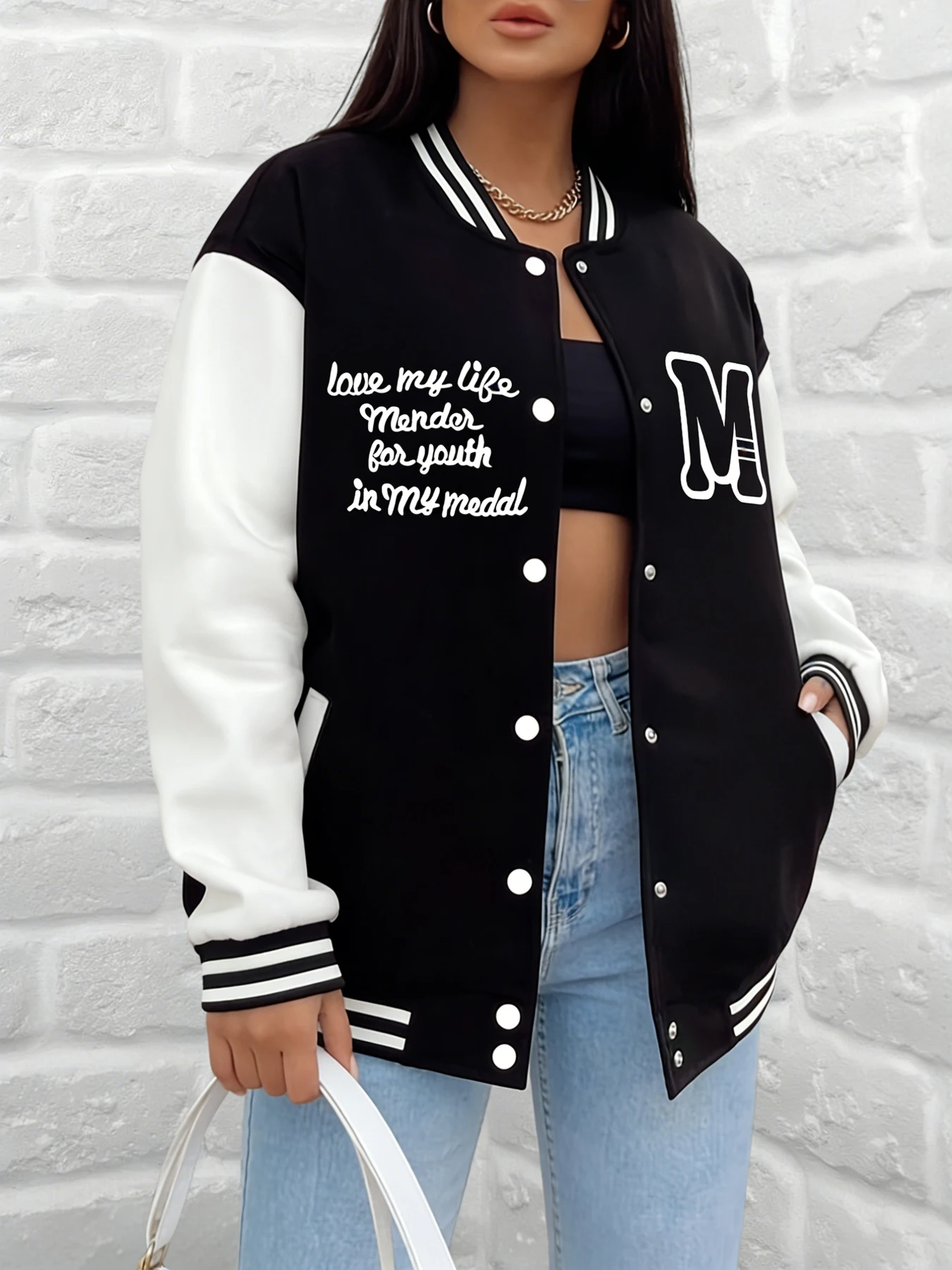 

Женская бейсбольная куртка оверсайз с принтом «Love My Life», модная уличная одежда в стиле хип-хоп, теплая флисовая куртка с буквой M