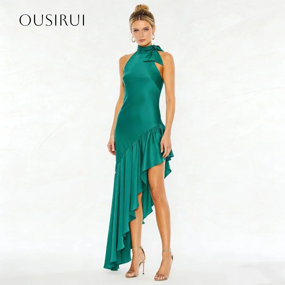 Halter-Abschlussballkleider aus Satin mit Schleife, ärmellos, plissiert, A-Linie, Abendkleid, maßgeschneidert, elegante Festkleider