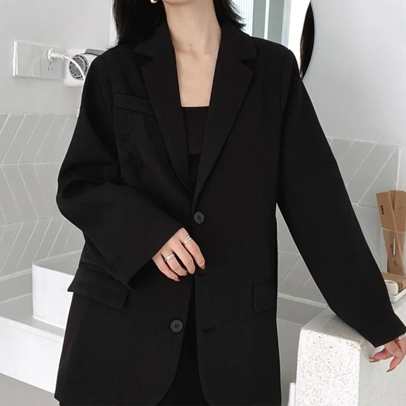 بدلة نسائية رمادية عصرية فضفاضة على الطراز الكوري لفصلي الربيع والخريف، معطف أنيق على الطراز الهونغ كونغي بأكمام طويلة وطول عادي