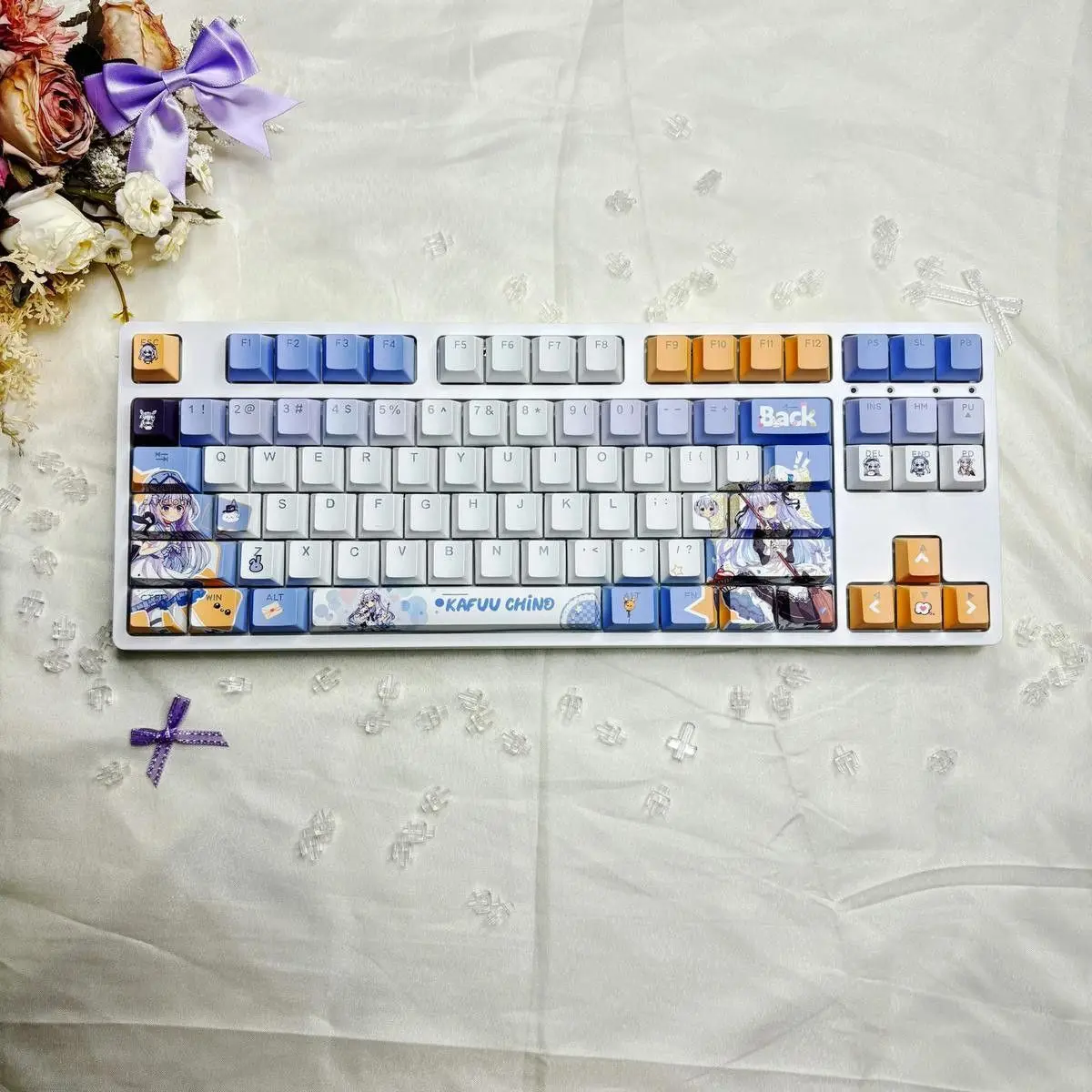 120 Keys GochiUsa Chino Kafū Keycaps Backlit Keycap Anime Cherry Profile PBT Dye-Sub Key Cap for ANSI Made68 Mad68 Wooting 60