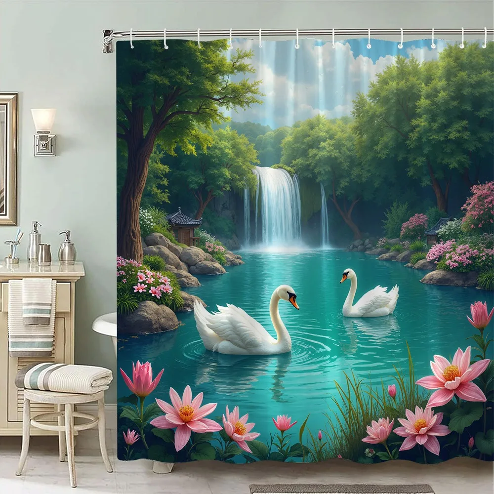 

Милый пруд, лебеди и водопады Занавеска для душа Моющаяся грязеотталкивающая насадка для душа Водонепроницаемая полиэстеровая занавеска для ванны