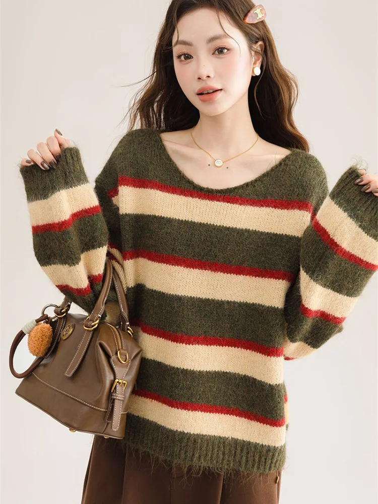 

Zoki Korean Sweet Striped Sweater Women Sexy V Neck Vintage Knitted Jumper Casual Long Sleeve Female Lazy Wind Pullover Tops New