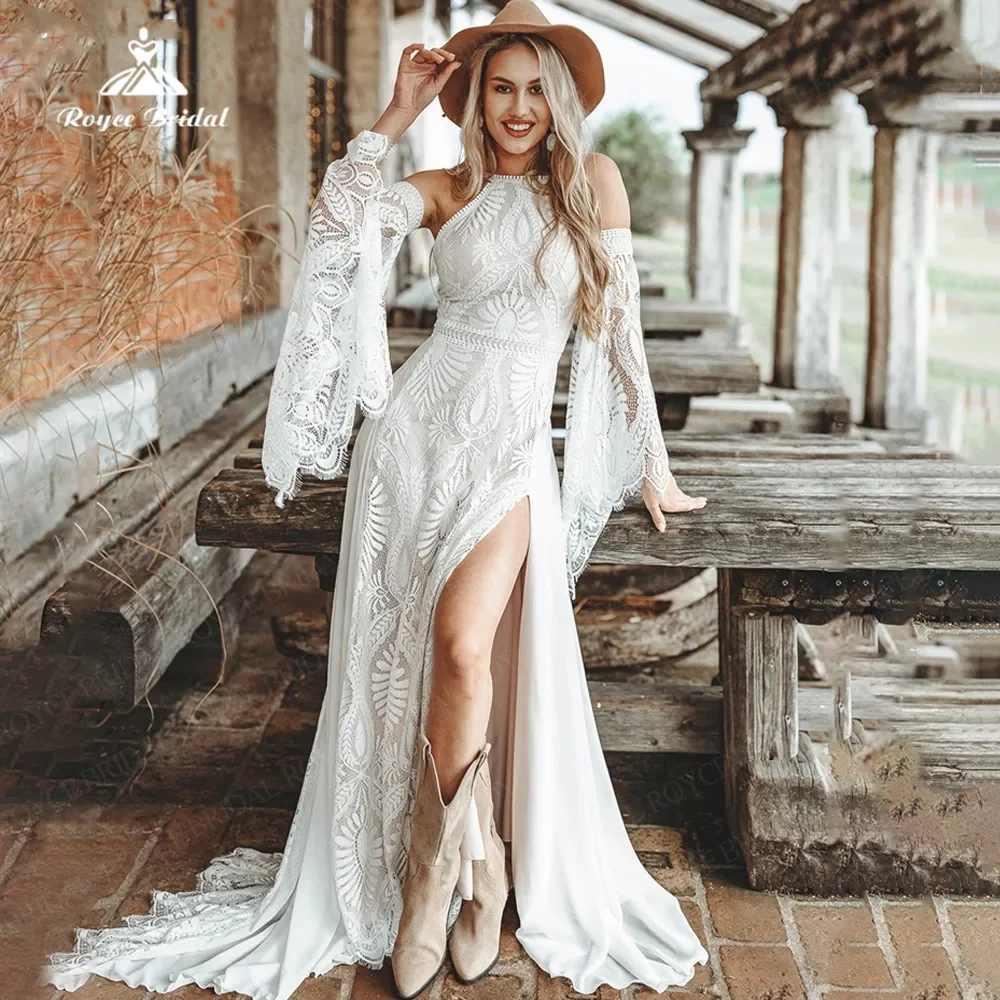 Bohemain A Line Wedding Dress Bare Shoulders Boho Boat Neck With Detachable Sleeves Sexy Side Split Customize Bride Gowns