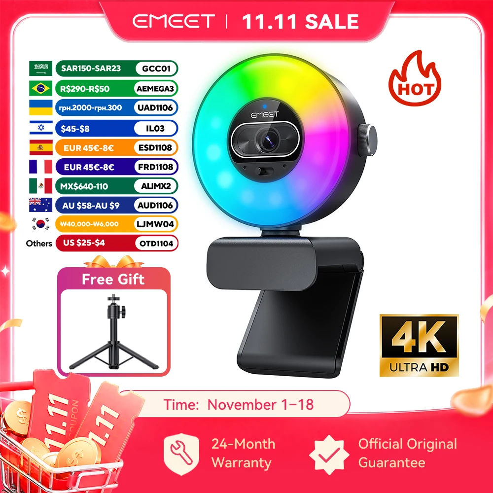 4K Webcam Light Control 1080P 60fps Autofocus Video Camera EMEET S600 Light USB Camera 8MP