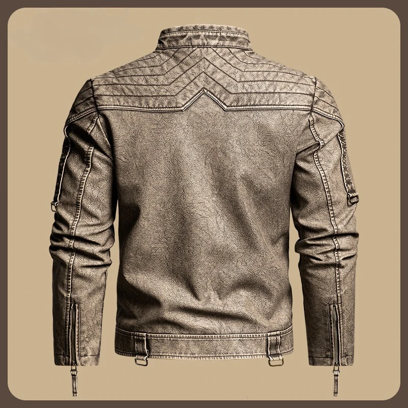 Men Vintage Washed Faux Leather Biker Jacket Flame Print Stand Collar Slim Windproof Casual Outerwear 3 Colors