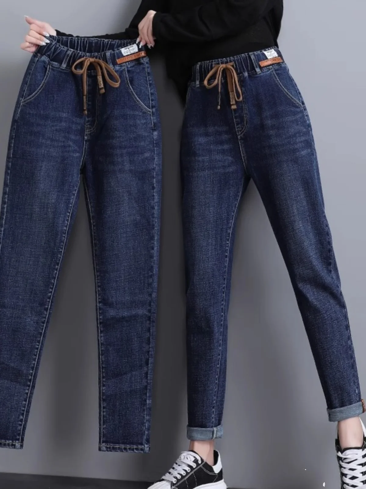 

Женские джинсы с высокой талией и эластичной резинкой на талии, весенне-осенние новые свободные прямые брюки, повседневные брюки Харлан, хлопковые эластичные джинсы