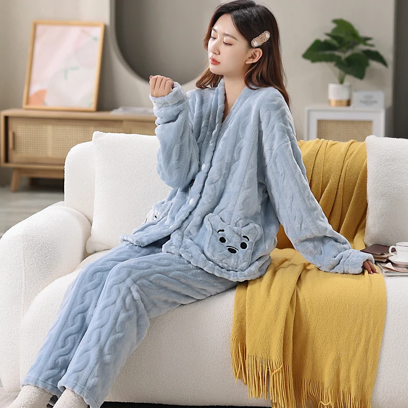 Thickened Warm Coral Velvet Pajamas Women\'s Autumn and Winter Padded Cartoon Bear Striped Flannel School Pajamas Winter Homewear