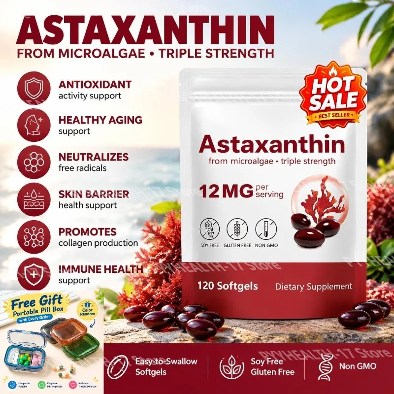 Astaxanthin Softgels 12mg Antioxidant Supplement, Supports Skin Barrier Health, Collagen Production & Immune System 120 Softgels