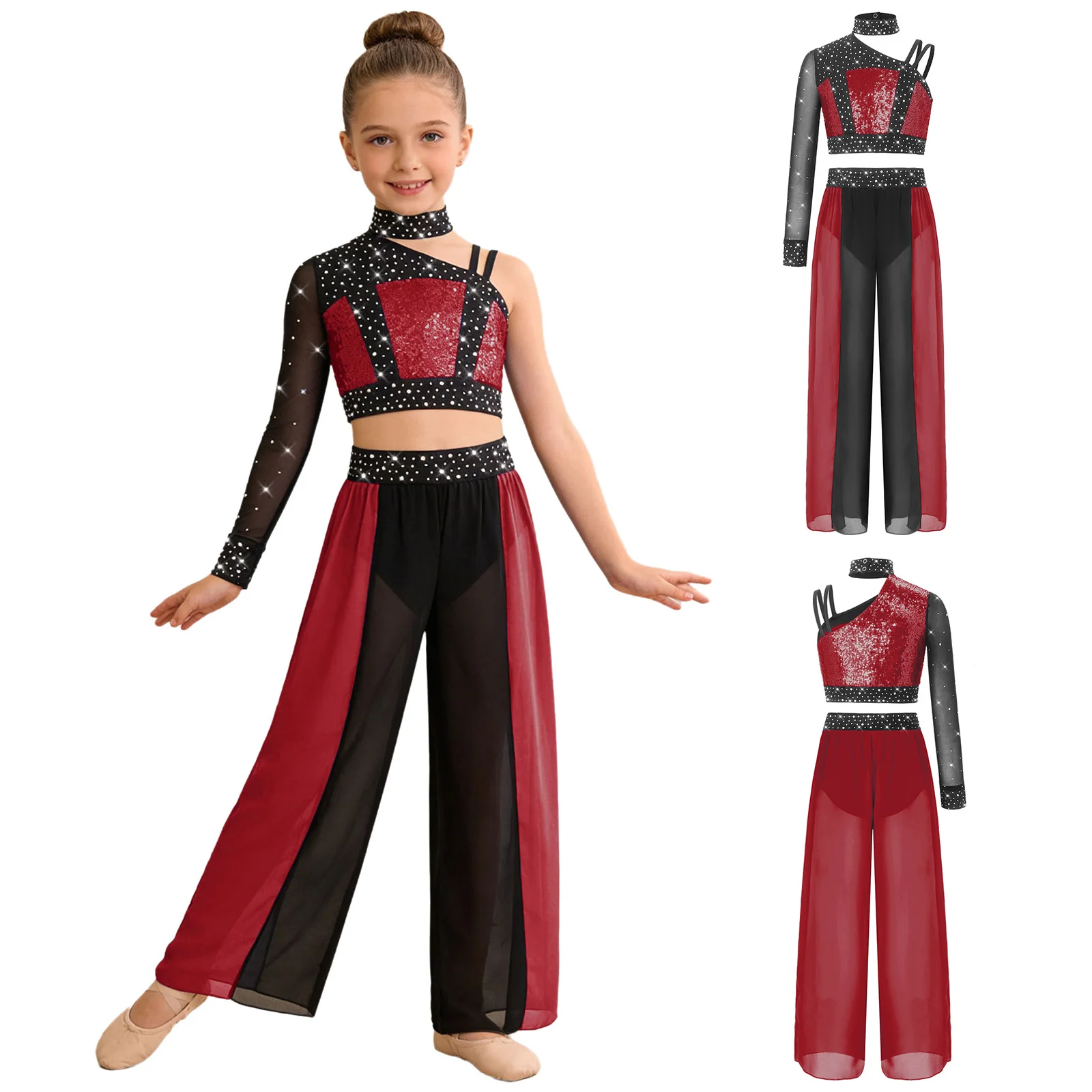 

Детские костюмы для современного джазового танца для девочек: блестящие топы из сетки со стразами и шифоновые брюки с разрезами, одежда для лирического балета и фигурного катания