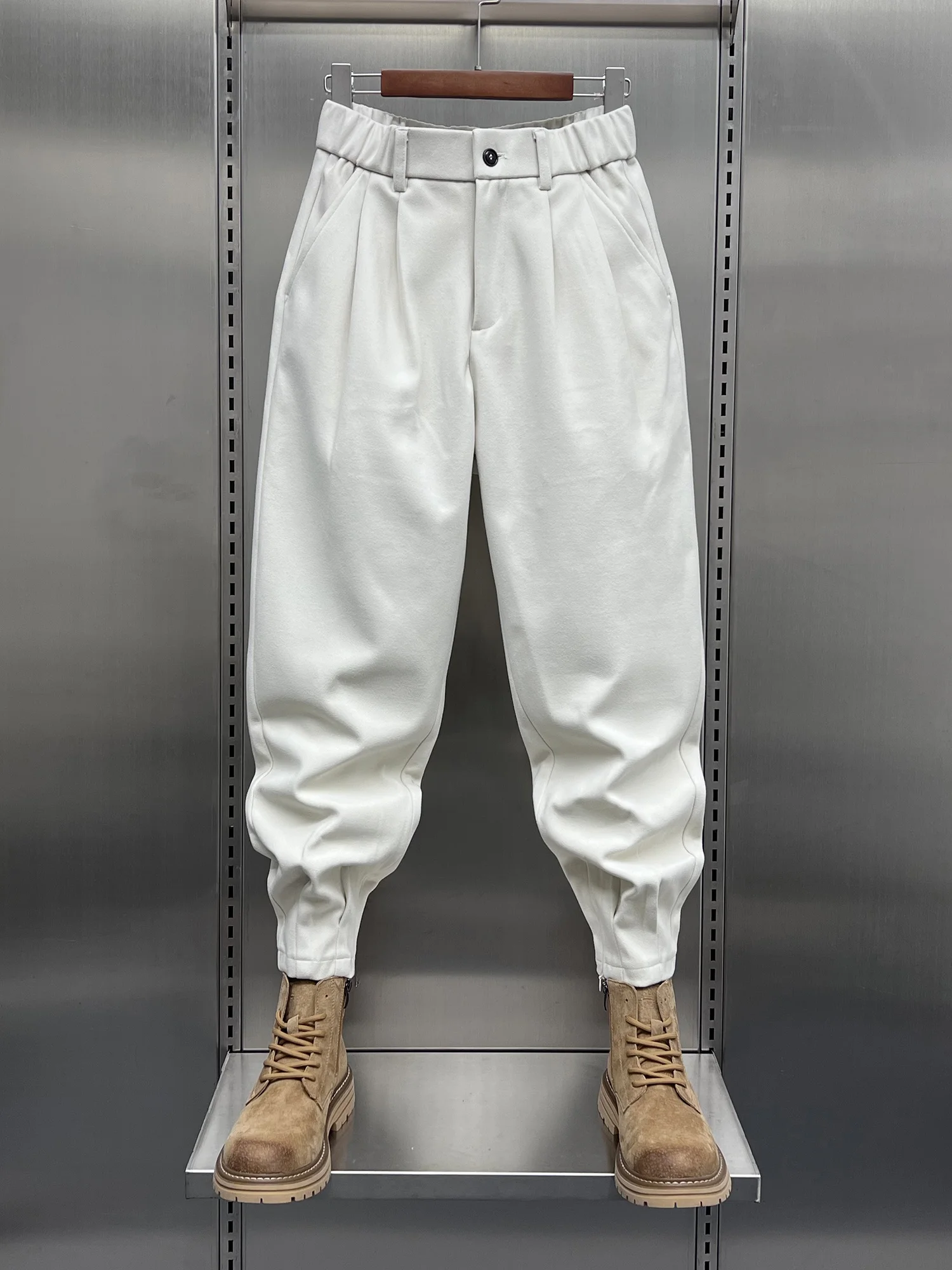 

Новинка 2023 года, мужские шерстяные брюки, модные свободные брюки-харлан на молнии, осенне-зимние универсальные повседневные модные молодежные брюки с эластичной резинкой на талии