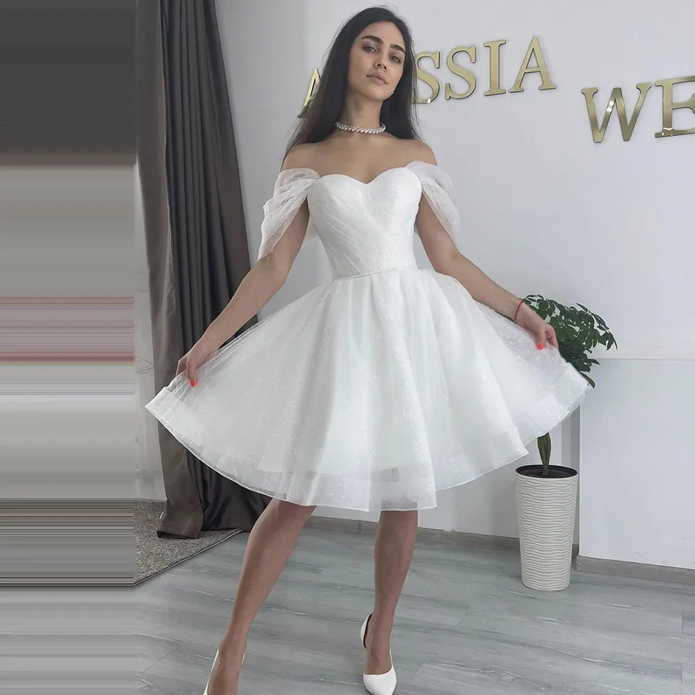 Short Wedding Dress 2025 Off The Shoulder Glitter Tulle Bridal Gown Lace Up Party Bride Dress Vestidos De Noiva  in stock