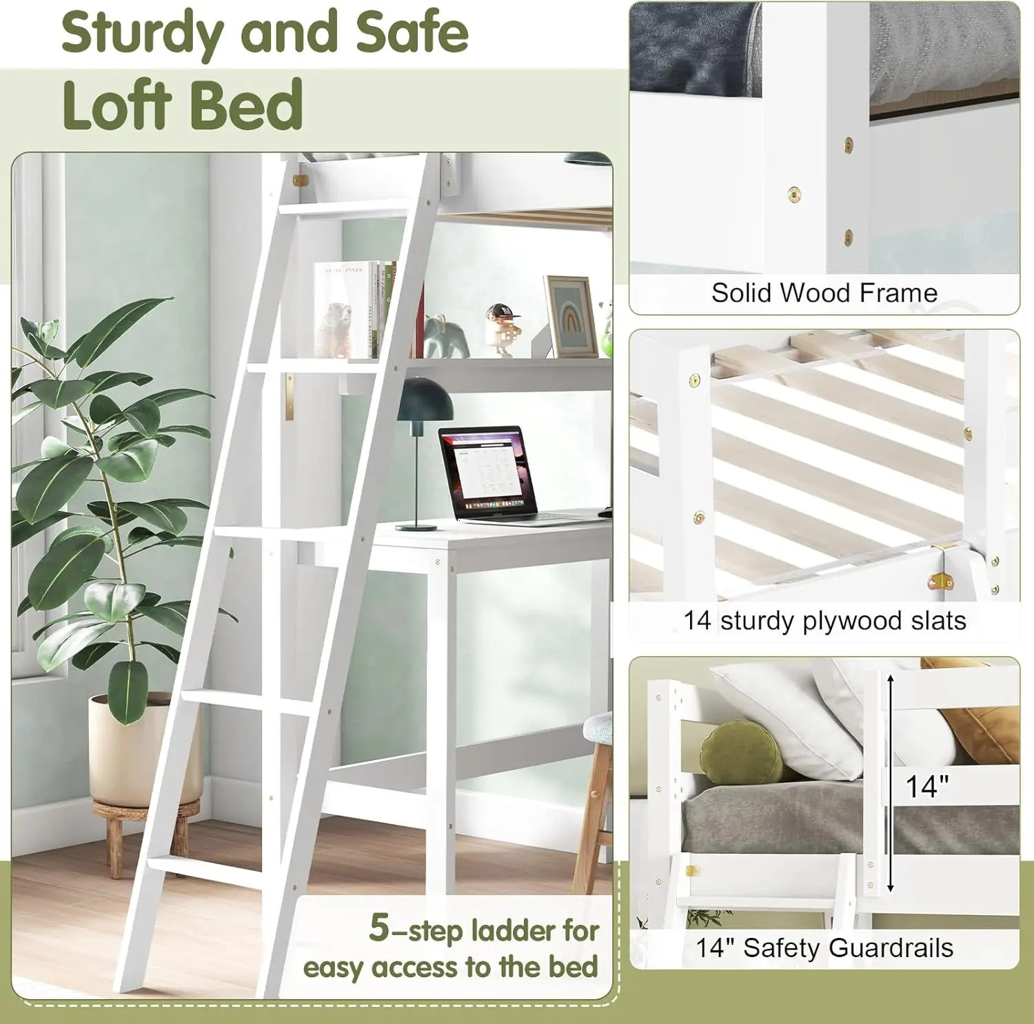 Kotek Twin Loft Bed With Desk & Storage Shelves, Solid Wood Loft Bed Frame With Bookcase, Ladder, Guardrails, Twin Size Loft
