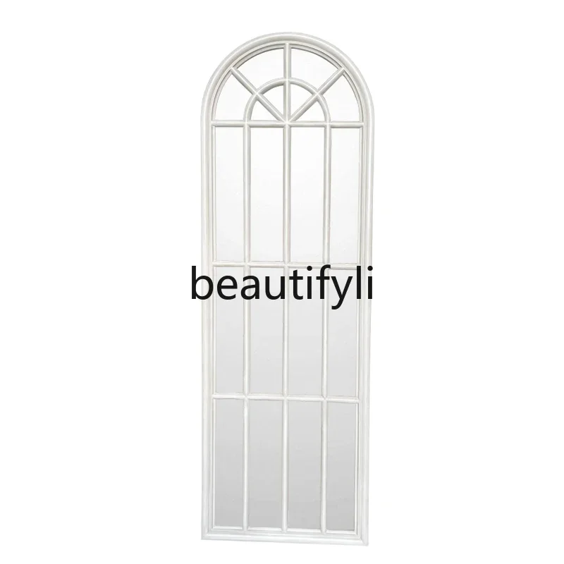 

E182 Arched full-length mirror weathered walnut-colored floor-to-ceiling wall-mounted full-length mirror retro old decorative mi