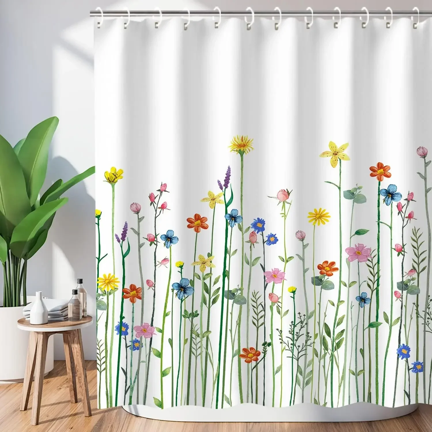 Colorful Flower Dhower Curtain, Watercolor Floral Romantic Wildflower Plants Nature Scenery Girl Pink Flower Bathroom Decoration