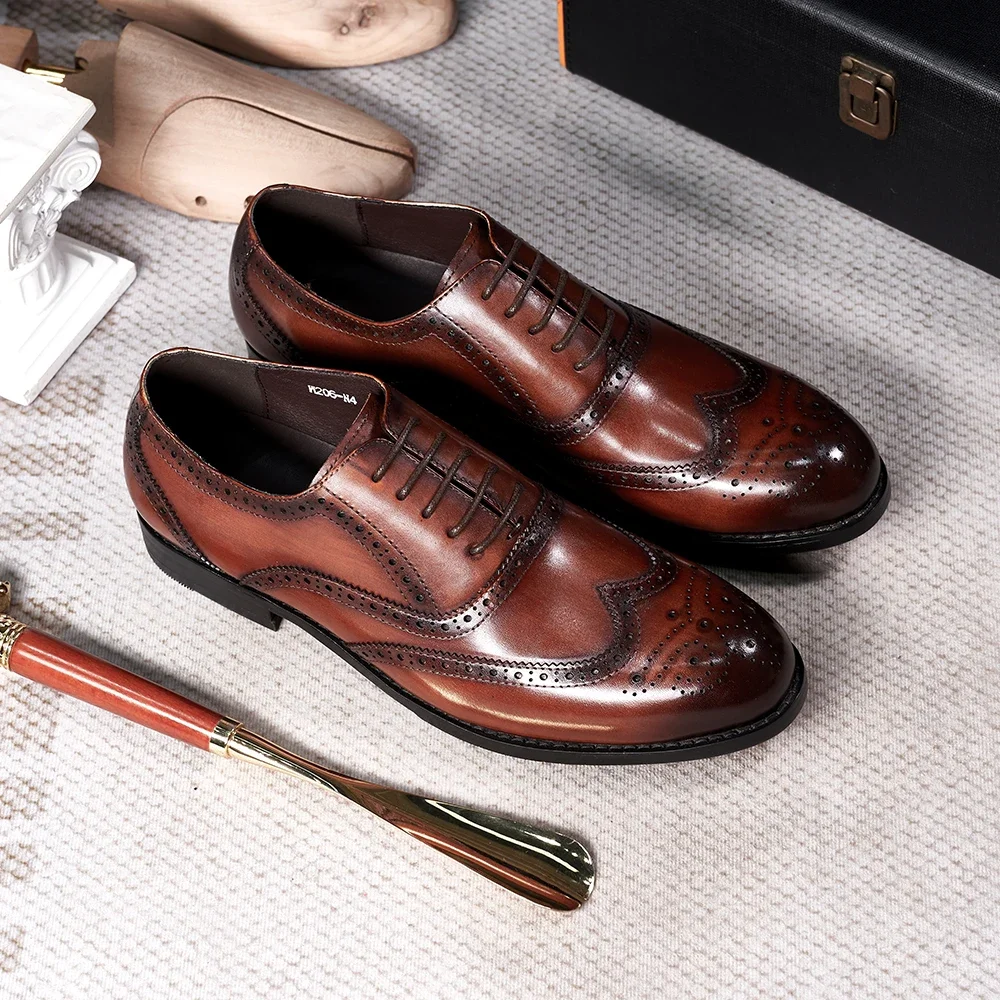 Zapatos Oxford estilo Brogue para hombre, zapatos clásicos de cuero genuino con punta de ala para vestido de fiesta de boda, traje de oficina con cordones, calzado Formal
