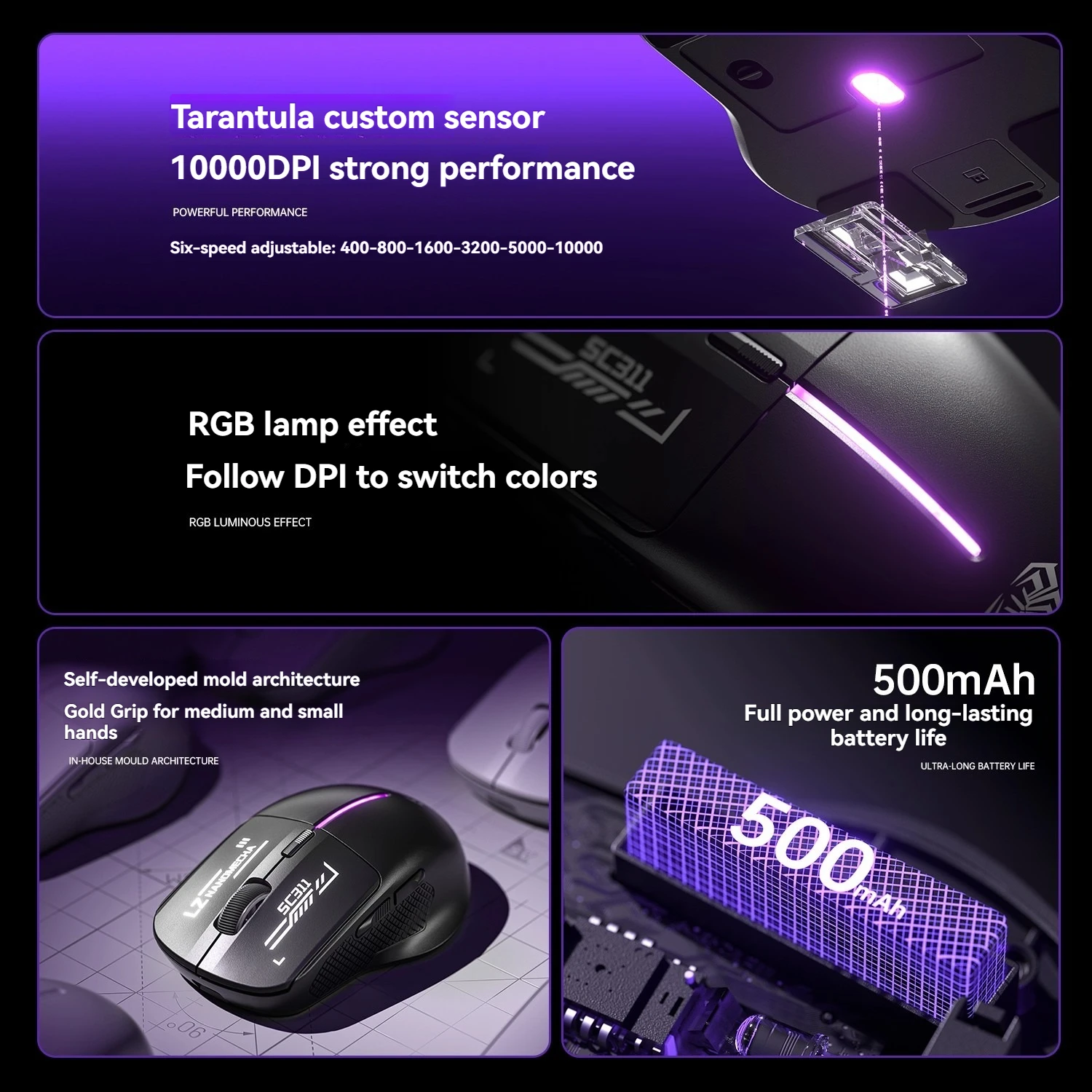 Aula SC311 Maus, kabellos/kabelgebunden, 3 Modi, 2,4 G, leichtes Design, 1 kHz, 10.000 DPI, RGB-Hintergrundbeleuchtung, Desktop-Gaming-/Büro-Maus