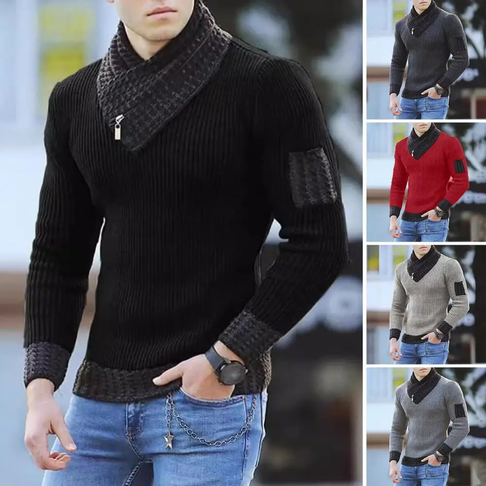 

Winter Top Knitted Long Sleeve Sweater Stylish Men's Winter Sweater with Zipper Decor High Collar for Daily Wear School Knit