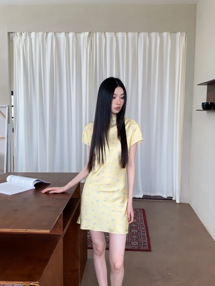 CHEERART Yellow Rabbit Animal Print Satin Short Dress For Woman Summer 2025 Short Sleeve Cute Mini T Shirt Dress Vintage Clothes