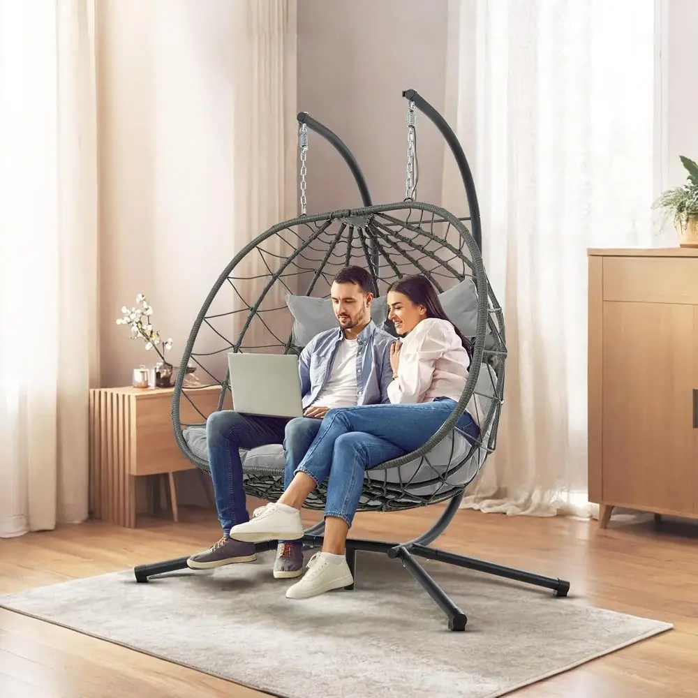 

Two-Person Swing Chair with Stand, Outdoor and Indoor Hammock Seat with Cushion, Patio Wicker Egg Chair with Cushion, 700lbs Cap