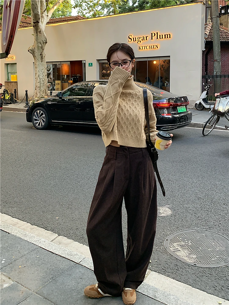 

Casual Wool Blend Tweed Knife Pleat Pants Commute Sle Women's Trousers Spring New mid Waist Long Casual West Pants