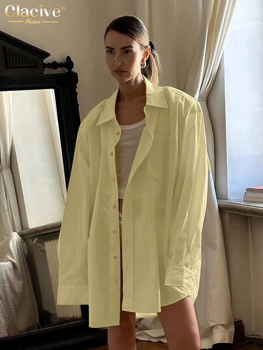 

Clacive Fashion Loose Yellow Cotton Women's Blouse 2025 Casual Lapel Long Sleeve Shirt Elegant Simple Solid Top Female Clothing