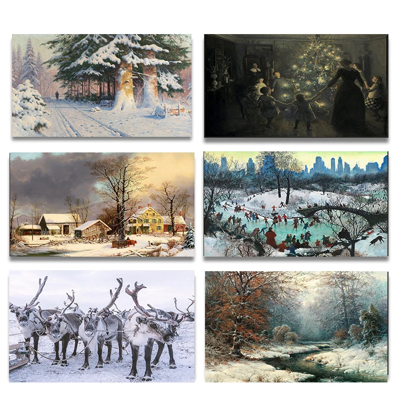 Vintage Christmas Tree Market Winter Cityscape Oil Painting Poster Print Wall Art Pictures Canvas Painting Room Home Decor Gift