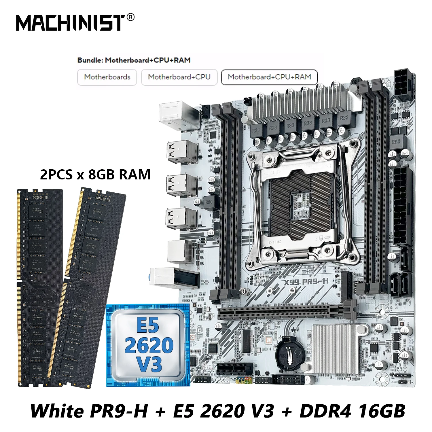 MACHINIST White X99 PR9-H Motherboard kit With Intel Xeon E5 2620 V3 LGA 2011-3 CPU + DDR4 16GB RAM Set support NVME m.2