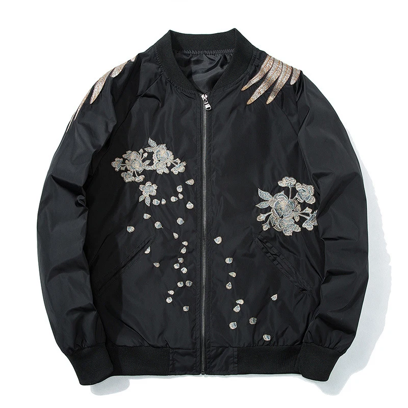 

Japan Style Floral & Phoenix Embroidery Men Aviator Bomber Jacket Stand Collar 2023 New Flight Baseball Jackets Casual Black