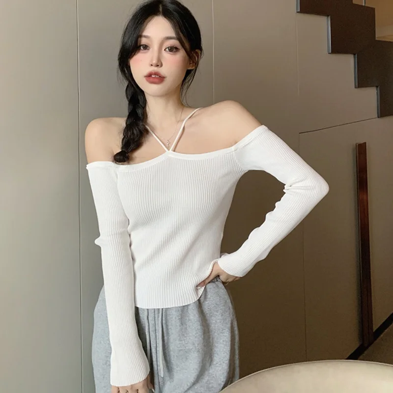 T-shirt damski Koreańskie topy Slim Sexy Halter Off Shoulder Solid Color T-shirt