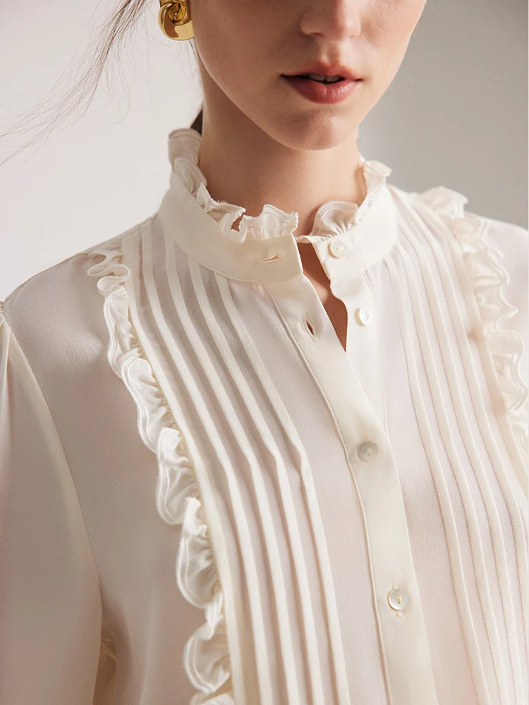 SuyaDream, Woman White Shirts, 100%Mulberry Silk, Stand Collar, Ruffles Chic Blouses, 2024 Spring Summer Office Lady Top