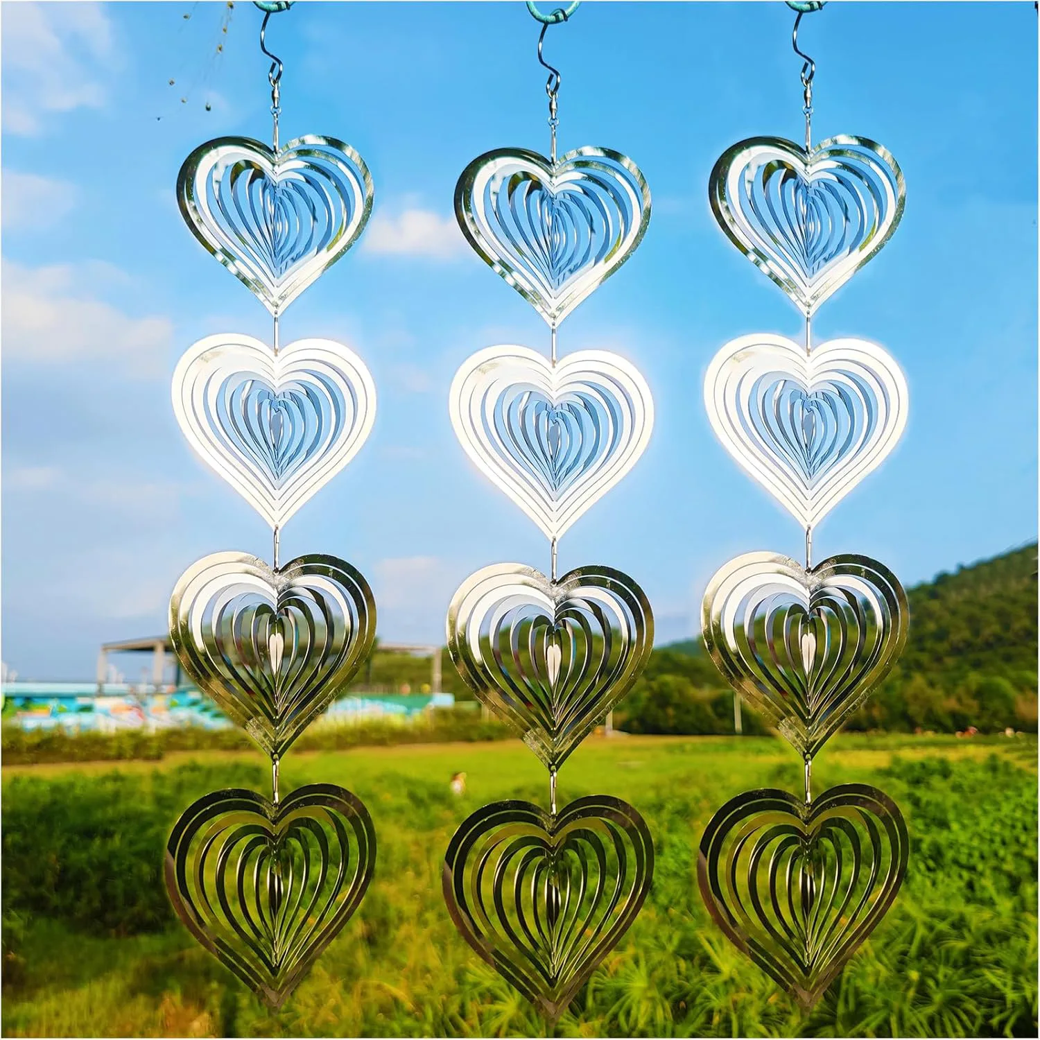3PCS Heart Bird Scare Discs Set-Highly Reflective Double-Sided Bird Reflectors, Wind Spinner Garden Decor Bird Devices Deterrent