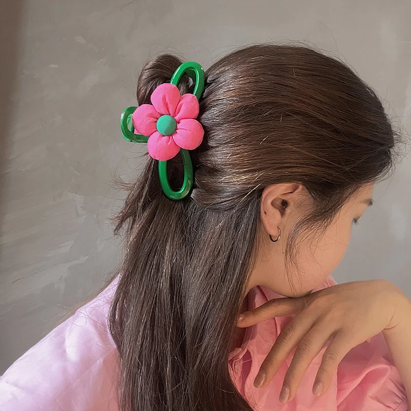 Pink Flower Hair Clips for Women Summer Elegant Large Shark Clip Temperament Girl Hair Accessories Korean Headwear 2024 New