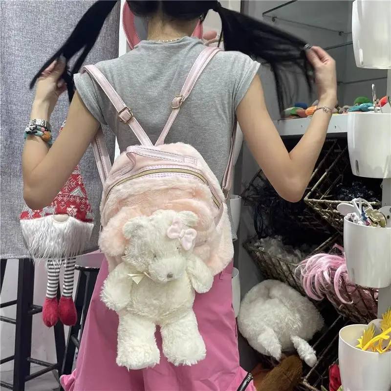 

JIAERDI Pink Plush Bear Backpack Women Cartoon Cute Large Capacity Student School Bag Ladies Autumn Winter New Mochilas Mujer