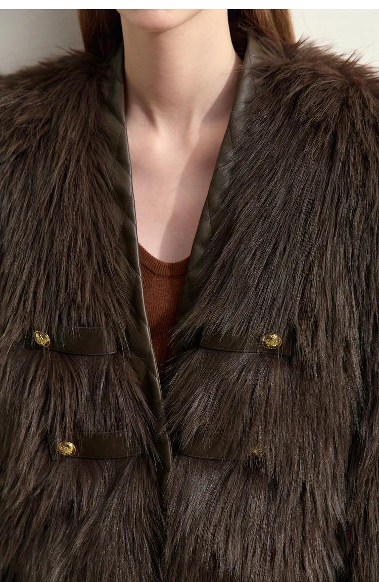 AMII 2026 Winter New Fur Jacket Solid Color Modern Warm Outerwear V-neck Imitation Fur Loose Spliced PU Top Female 12424012