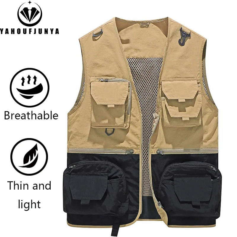 

Men Spring Sleeveless Many Pocket Tool Webbed Breathable Vest Men Outdoors Fishing Camping Thin Utility Lightweight Vest Male