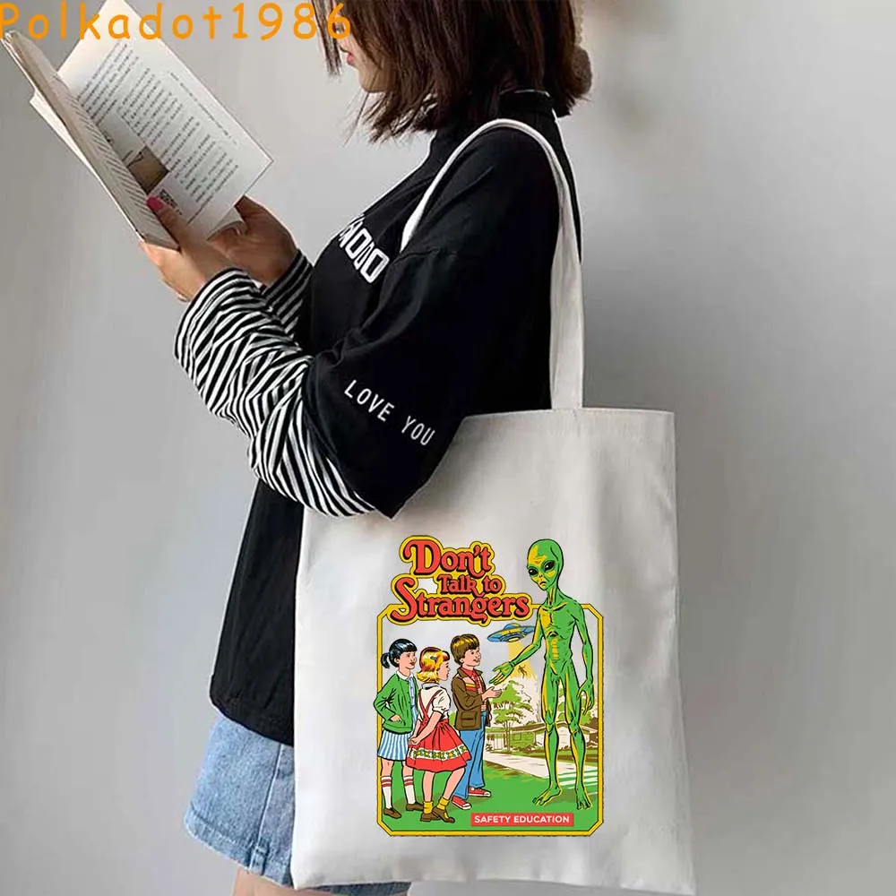 البقاء إيجابيا لا تتحدث مع الغرباء أشباح الهالوين التحكم في العقل جيني أصدقاء جديد قماش حقائب اليد المتسوق حقائب اليد القطنية