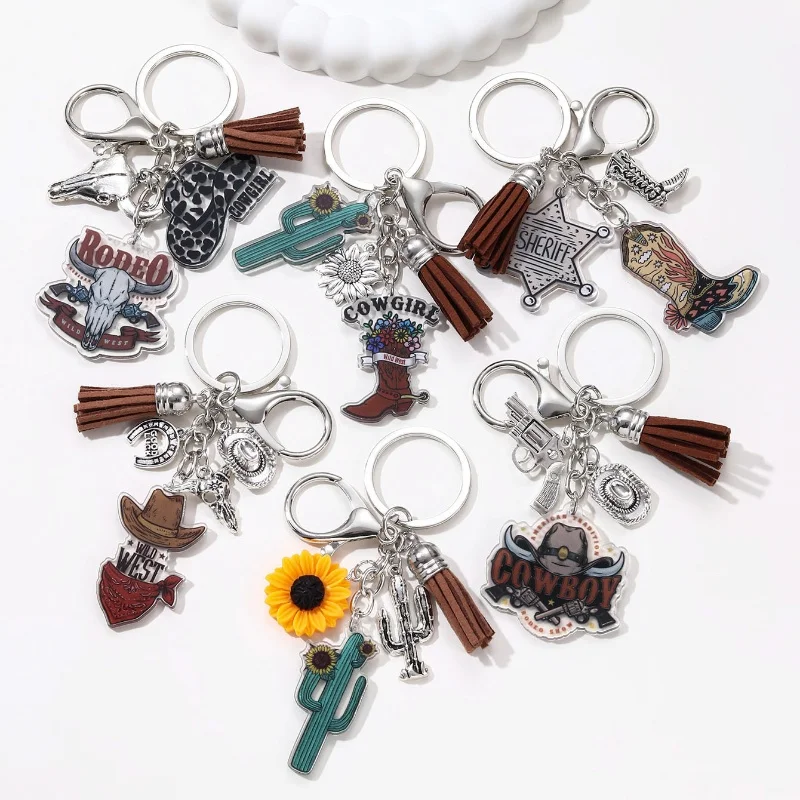 Classic Sunflower Bull Head Cactus Boots Acrylic Keychain Cool Cowboy Hat Key Ring For Men Boys Good Gift Handmade Jewelry Set