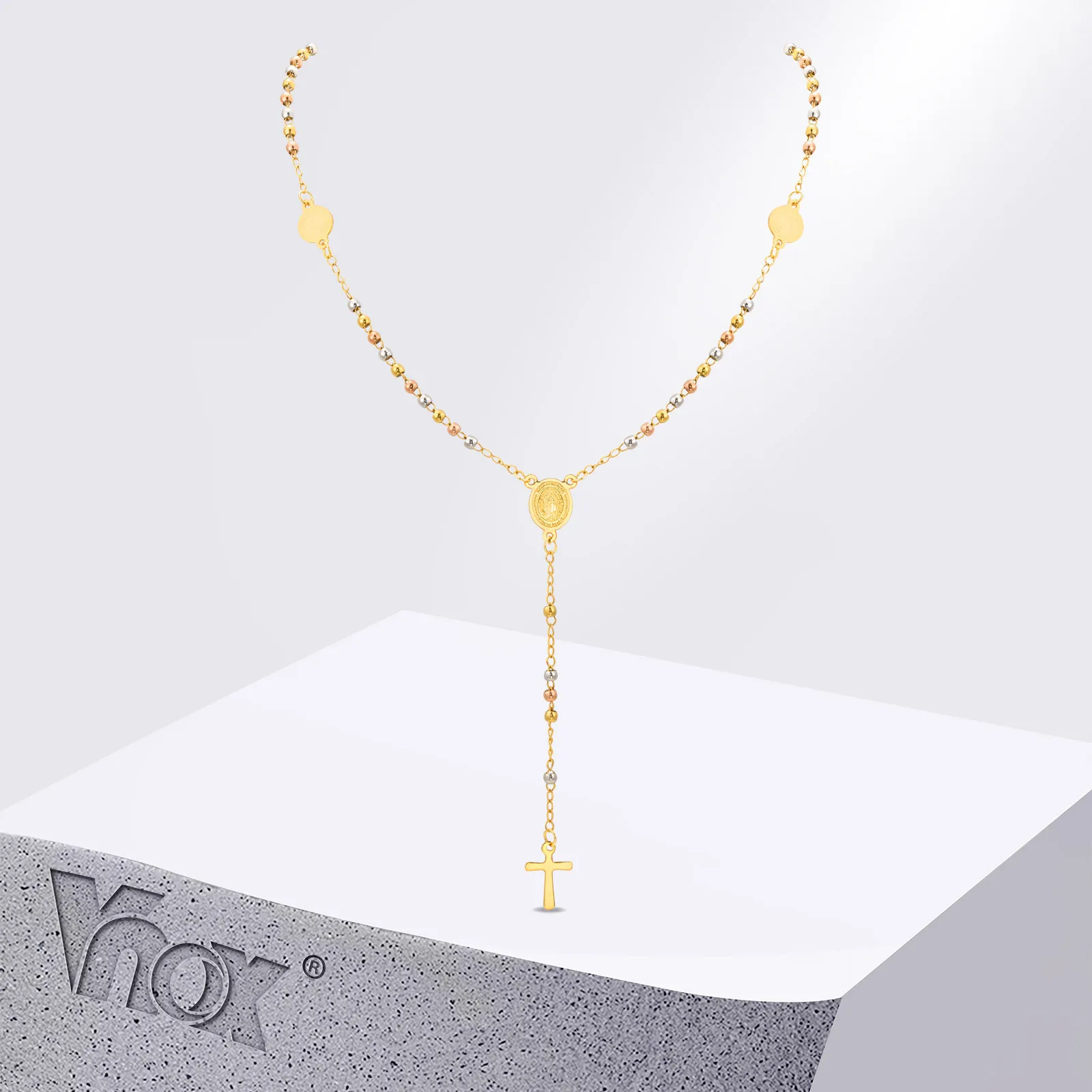 Vnox Stainless Steel Three Color Bead Y-shaped Necklace For Women,Virgin Mary Accessories Cross Pendent Religious Jewelry Gifts