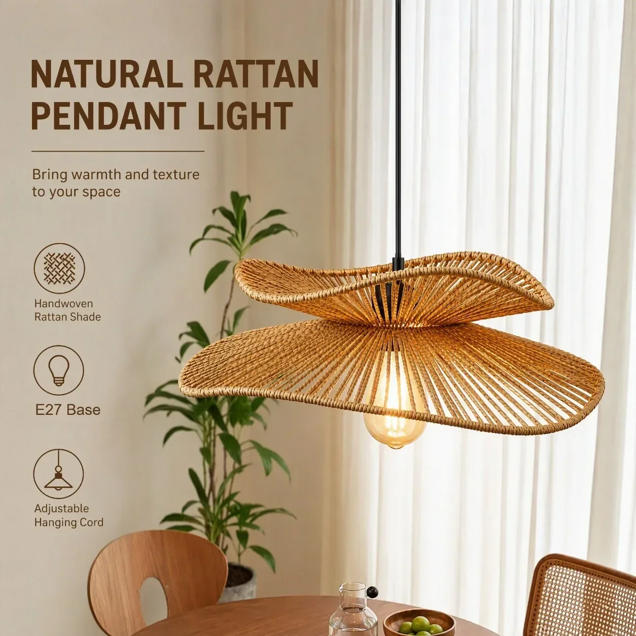 JOYINLED Vintage Boho Rattan Pendant Light E27 Handwoven Hanging Lamp for Farmhouse Rustic Home Decor Retro 45CM Lighting