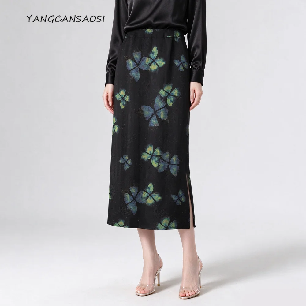 2026 Women's Fashion Clothing 100% Natural Mulberry Silk Gambiered Guangdong Gauze Elastic Waist Straight Tube Hip Wrap Skirt