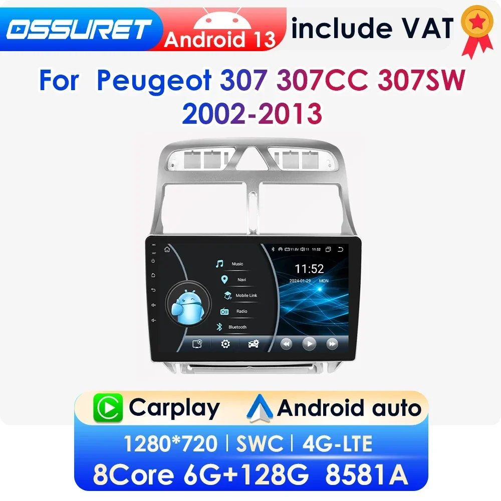 2DIN Carplay Android 13 Car Radio For Peugeot 307 307CC 307SW 2002-2013 Car Stereo Multimedia Player GPS Navigation Autoradio