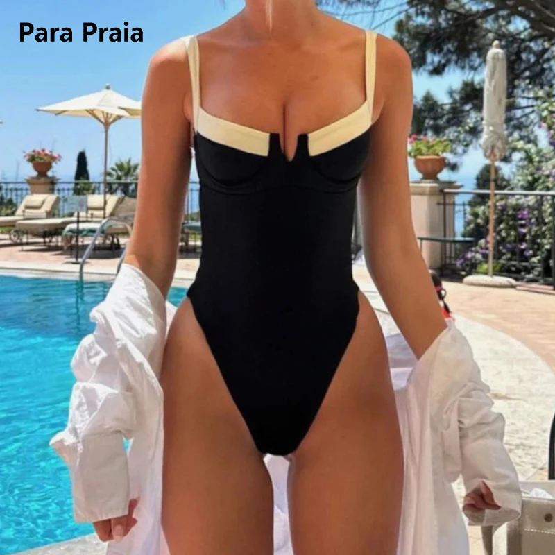 Para Praia Black White Patchwork One Piece Swimsuit Women 2024 High Waist Monokini Sexy Swimwear Push Up Bathing Suit