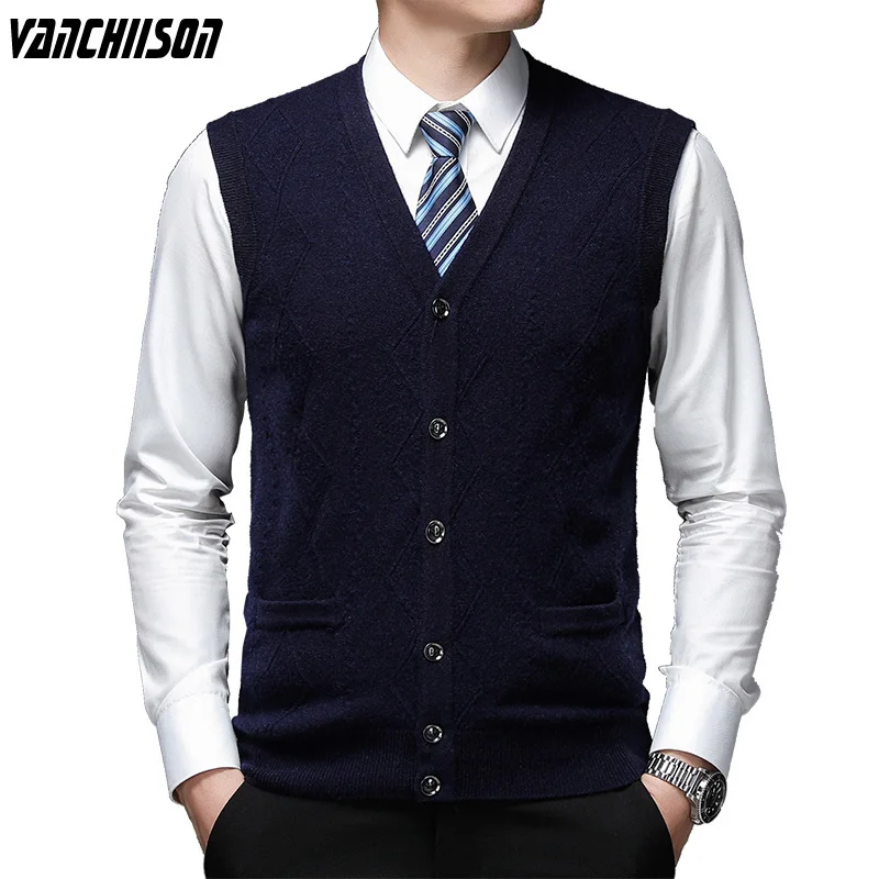 

100% Wool Top Grade Men Knit Vest Sleeveless Cardigan Sweater V Neck Pockets Casual Warm for Autumn Winter 00063