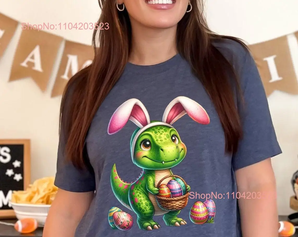 Easter T Rex Dinosaur Shirt with Bunny Ears Egg Basket Unique Top For Him Her PerfecT Lovers long or short sleeves