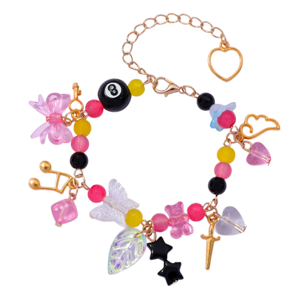 Cute Black 8 Pool Ball Charm, Fashionable and Unique, Exquisite Heart, Leaf, and Star Lady Bracelet